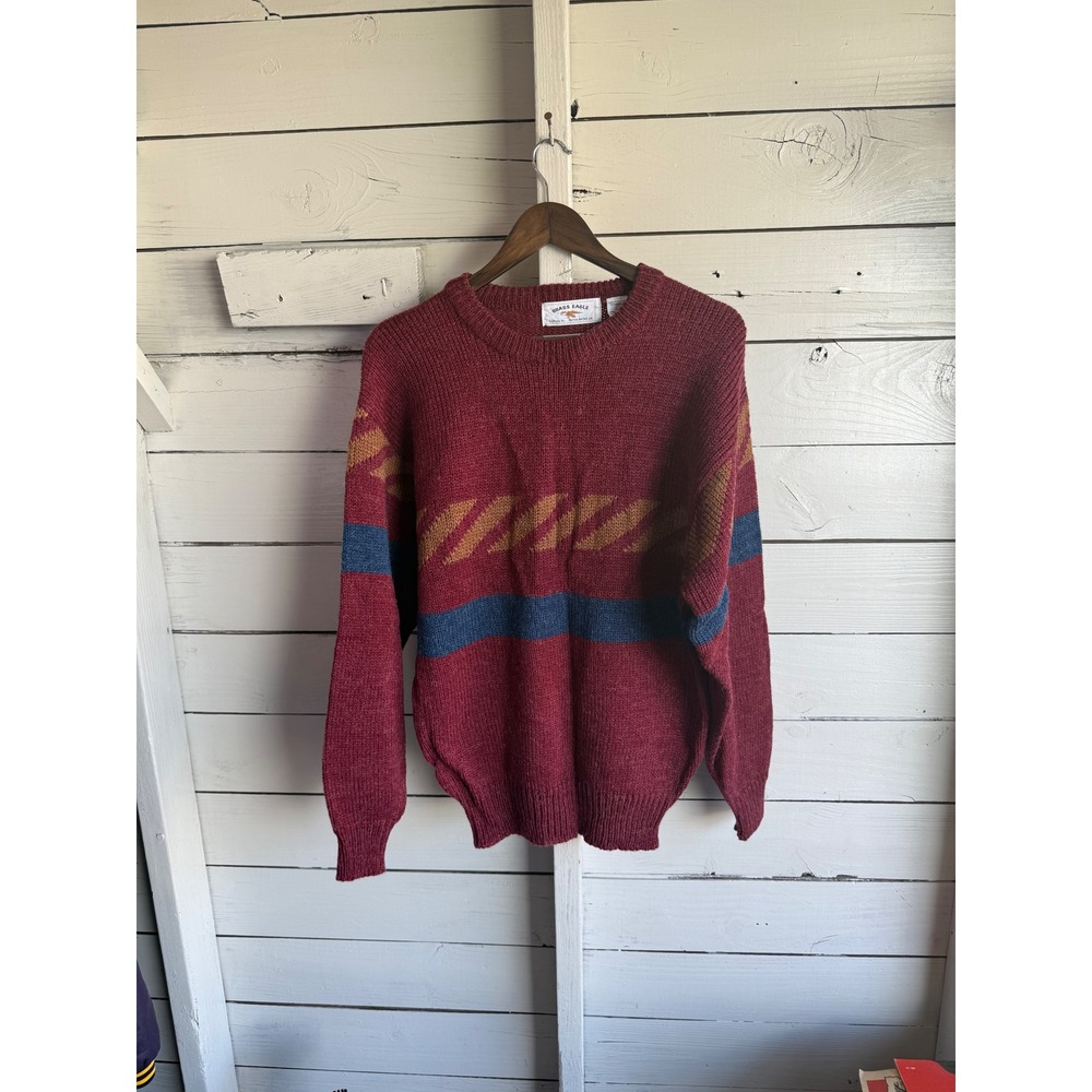 Vintage Brass Eagle Mens Large Burgundy Wool Blend Geometric Knit Sweater Korea